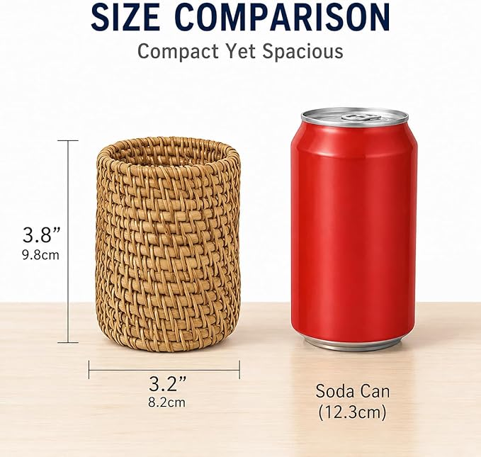 Wicker Rattan Pencil Holder, Cylindrical Desk Organizer Cup, Natural Brown, for Office, Vanity, Kitchen, 1-Pack