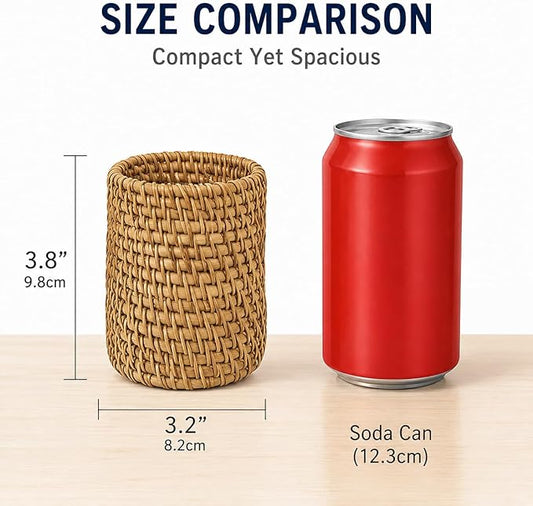Wicker Rattan Pencil Holder, Cylindrical Desk Organizer Cup, Natural Brown, for Office, Vanity, Kitchen, 1-Pack