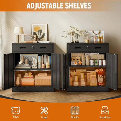 BESFUR Metal Storage Cabinet, Garage Storage Cabinet with One Drawer and Adjustable Shelf, Locking Short Storage Cabinet for Office Garage Home, Black Metal Cabinets(36" H x 27.5" W x 16" D)