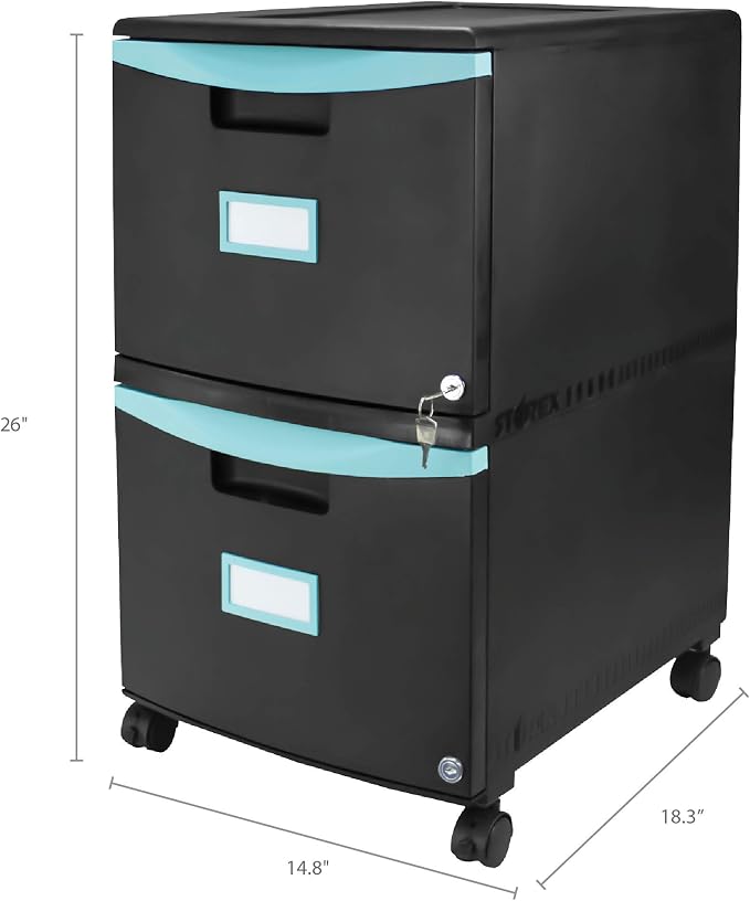 Storex Plastic Two-Drawer Mobile Pedestal File Cabinet – Locking Document Organizer with Casters for Home and Office, Black, 1-Pack (61315C01C)