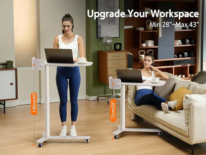 WALKINGDESK Rolling Desk Adjustable Height with Drawer and Wheels, Portable Small Standing Desk Pneumatic for Home Office, Mobile Computer Laptop Cart, Medical Sofa Overbed Table, White