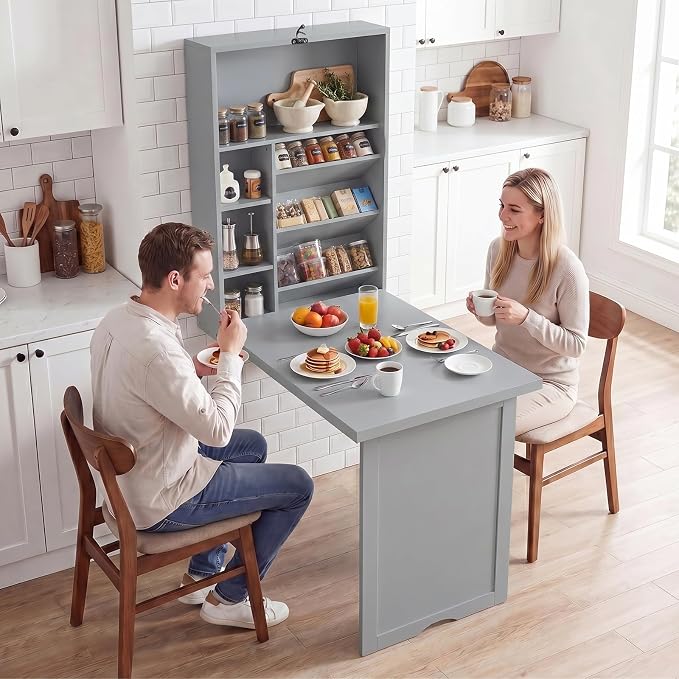 Tangkula Folding Wall Mounted Desk, Convertible Fold Out Floating Table with Storage Shelves, Space-Saving Drop Leaf Table, Murphy Desk for Craft, Study, Small Spaces, Home Office, Dorm, Grey
