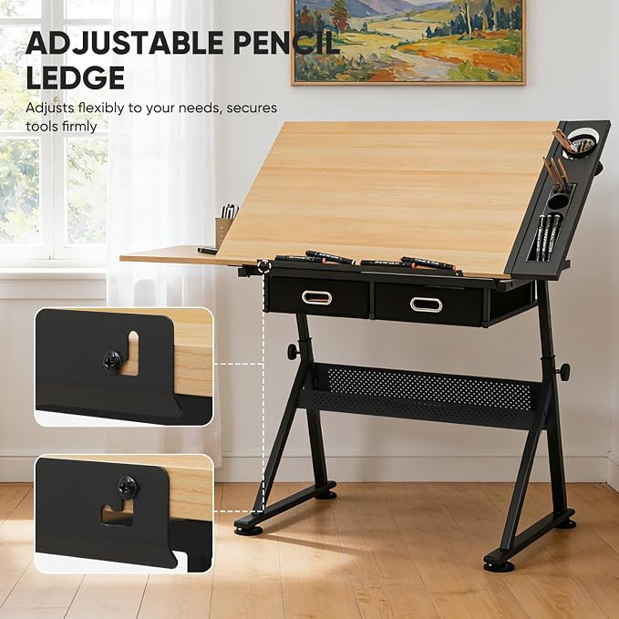 Magshion Professional Drafting Table for Adults w/Stool, Tilting Wooden Tabletop & Adjustable Height, Art Craft Desk Watercolor Painting Sketching Work Station for Studio Home Office School (Natural)