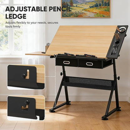 Magshion Professional Drafting Table for Adults w/Stool, Tilting Wooden Tabletop & Adjustable Height, Art Craft Desk Watercolor Painting Sketching Work Station for Studio Home Office School (Natural)