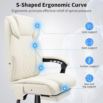 HOFFREE 400lbs Massage Office Chair with Foot Rest 6 Points Vibration Ergonomic Executive Office Chair Reclining High Back Computer Desk Chairs Beige