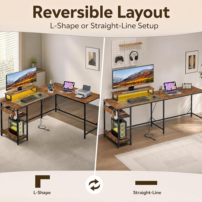 DEVAISE Spacious 55" L Shaped Gaming Desk with LED Lights and Power Outlets - Reversible Corner Computer Table with Monitor Stand and Storage Shelves for Work and Gaming, Rustic Brown