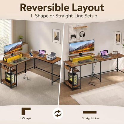 DEVAISE Spacious 55" L Shaped Gaming Desk with LED Lights and Power Outlets - Reversible Corner Computer Table with Monitor Stand and Storage Shelves for Work and Gaming, Rustic Brown