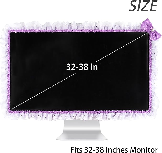 32"-38" Lovely Cute Computer Monitor Cover with Lovely Cute Elastic Pen Pocket Bow-knot TV LCD Screen Monitor Decoration Dust Cover Protector, Lace Fabric - purple