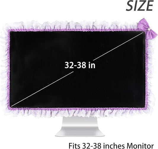 32"-38" Lovely Cute Computer Monitor Cover with Lovely Cute Elastic Pen Pocket Bow-knot TV LCD Screen Monitor Decoration Dust Cover Protector, Lace Fabric - purple