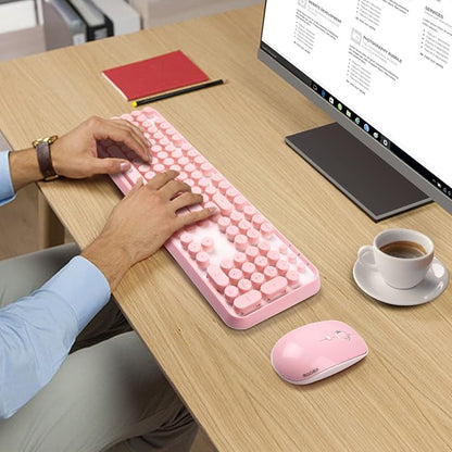 Pink Keyboard and Mouse Wireless, Keyboard for Long Nails, Typewriter Style Pink Keyboard with Round Keys, 2.4GHz Cute Bubble Full Size Keyboard and Mouse Combo with Number Pad for PC Laptop Desktop