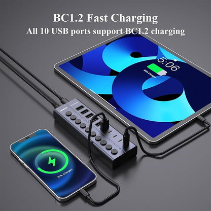 FIDECO 60W Powered USB Hub for Laptop and PC, 10-Port 10Gbps USB Splitter with 12V 5A Power Adapter, Aluminum USB 3.2 Gen 2 Multiport Adapter, 6 USB-A and 4 USB-C Ports, Support BC1.2 Charging