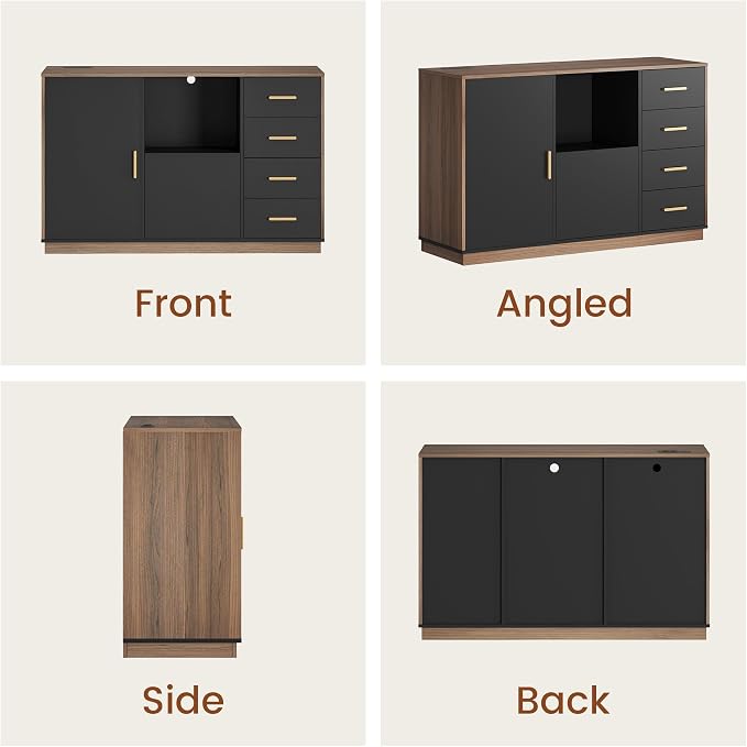 ModernMate File Cabinet with 5 Drawer & Charging Station, 47.2" Office Storage Cabinet with Door & Adjustable Shelves, Printer Stand with Open Shelf for Home Office, Fits A4/Letter Size, Black Walnut