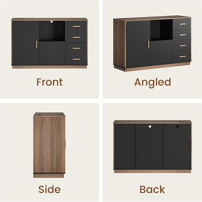 ModernMate File Cabinet with 5 Drawer & Charging Station, 47.2" Office Storage Cabinet with Door & Adjustable Shelves, Printer Stand with Open Shelf for Home Office, Fits A4/Letter Size, Black Walnut