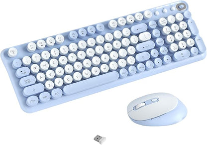 Wireless Keyboard and Mouse Combo, 2.4GHz USB Receiver, Plug and Play, Retro Full Size Typewriter Keyboard and Wireless Mouse for Computer, Laptop, Windows, Mac, and PC (Blue)