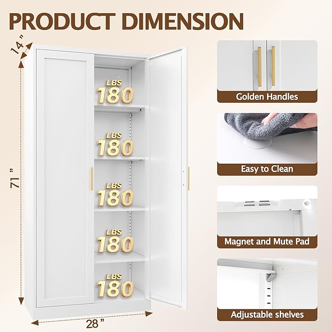 71" H Kitchen Storage Cabinet with 4 Adjustable Shelves, Metal Pantry Cabinet, Pantry Organizers and Storage Cabinet for Kitchen, Bathroom, Living Room (White)