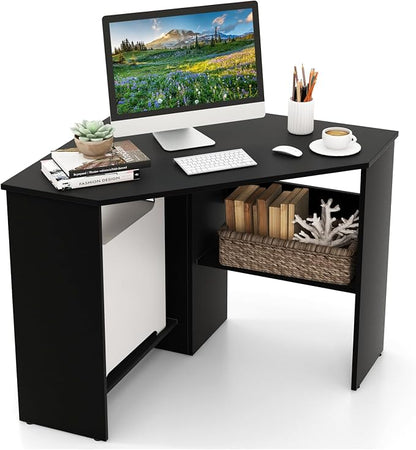 GOFLAME Corner Desk with Storage Shelves, Triangular Computer Desk with Cable Management Holes, Laptop Workstation for Small Space, Makeup Vanity Desk for Living Room, Study, Black