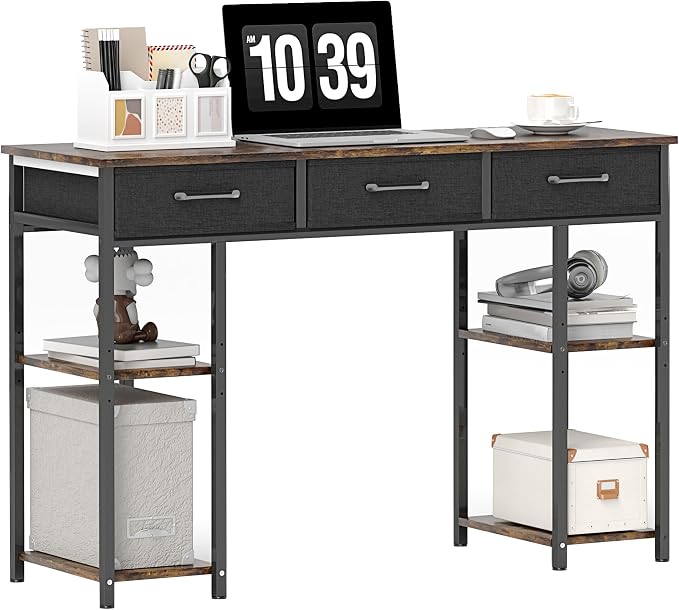 HOMCOM 47" Computer Desk with 3 Fabric Drawers, Home Office Desk with Adjustable Shelves, Small Writing Desk with Storage, Rustic Brown