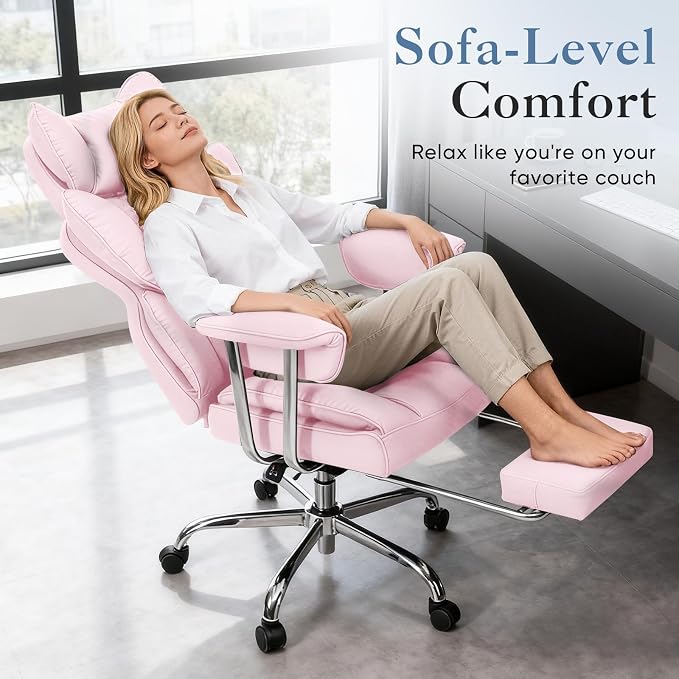 DUMOS Big and Tall Office Chair 400 LBS, Scratch-Resistant PU Leather Executive Office Desk Chair with Footrest, Ergonomic Reclining Computer Chairs with Pocket Spring Support, Pink