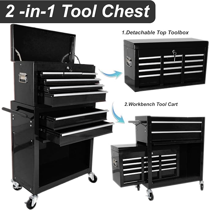 RYH 8 Drawers Rolling Tool Chest & Tool Box on Wheels | Heavy Duty Metal Cart with Ball Bearing Drawers | Fits US General Tool Box for Garage Storage (Black, 8 Drawers /43.1" H × 24.2" W)