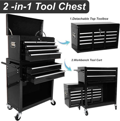 RYH 8 Drawers Rolling Tool Chest & Tool Box on Wheels | Heavy Duty Metal Cart with Ball Bearing Drawers | Fits US General Tool Box for Garage Storage (Black, 8 Drawers /43.1" H × 24.2" W)