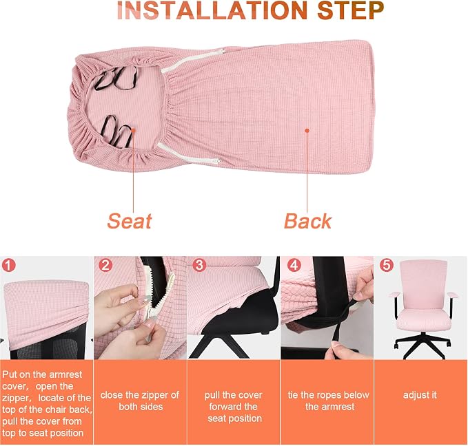 Tatuo 3 Pcs Computer Office Chair Cover Universal Rotating Chair Slipcovers Protector Removable Washable Office Armrest Covers with Zipper for High Back Seat Backrest(M,Waffle,Pink)