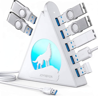 7 Port USB Hub, JoyReken USB 3.0 Hub with 2 FT Long Cable, Vertical USB Extension Hub for Laptop, MacBook, Flash Drive, XPS, PC, Flash Drive, Game Console, Printer, Camera,Keyborad, Mouse (White)