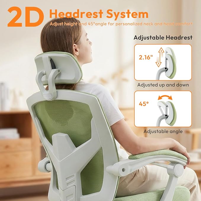 Home Office Desk Chair, Comfortable Mesh Computer Chair with Foot Rest, Reclining Gaming Chair with Headrest and Lumbar Support, 90°-130° Reclining, Light Green