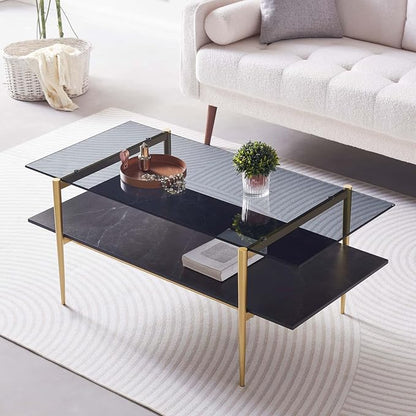 LumFurn Rectangle Coffee Table for Living Room, Mid-Century Modern Design, L41 x W21 x H17, 2-Tier Structure, Clear Glass Top and Black Marble Wood Shelf, Conical Metal Legs with Gold Finish