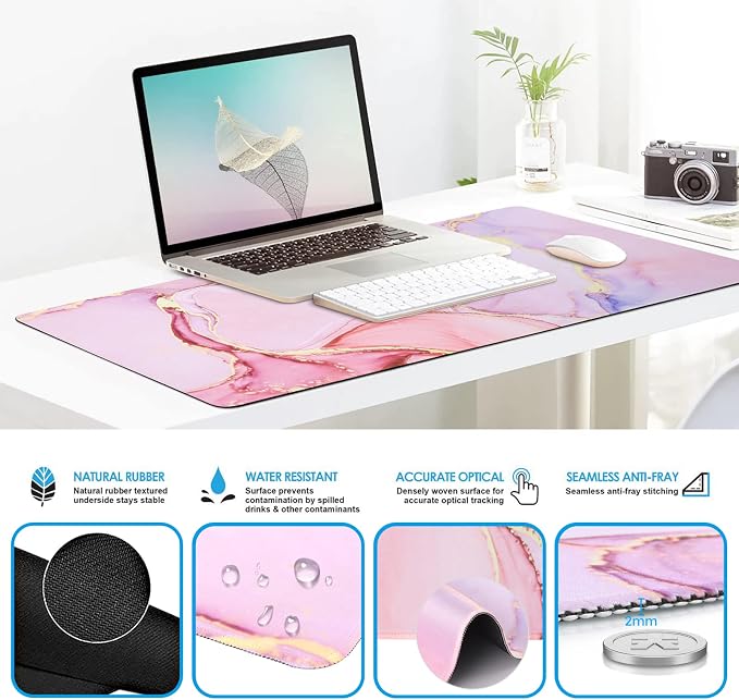 iCasso Desk Mat, Gaming Mouse Pad Wrist Support Set,4in1 XXL Large Mousepad + Keyboard Wrist Rest+Mouse Wrist Rest+Coaster Set with Ergonomic Design for Home Office Table Computer-Glitter Marble