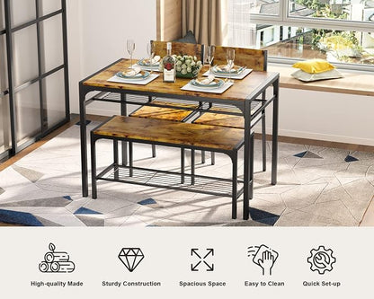 Gizoon Kitchen Table and 2 Chairs for 4 with Bench, 4 Piece Dining Table Set for Small Space, Apartment (Rustic Brown)