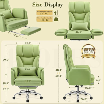 Big and Tall Office Chair, 400LBS Wide Leather Gaming Chair with Footrest, High Back Executive Chair, Reversible Armrest for Pets, 135° Reclining Cross Legged Chair with Lumbar Support(Avocado Green)