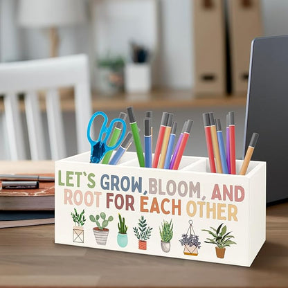 Boho Plant Classroom Wooden Pen Pencil Holder for Office Desk Accessories, Back to School Supplies for Students College Boys Girls Teachers First Day of School, Let's Root for Each Other