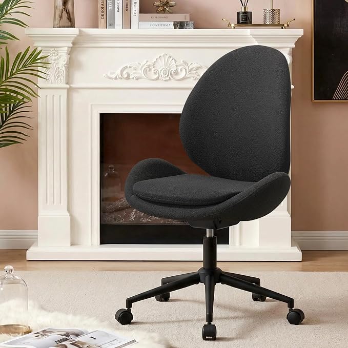 Furniliving Velvet Vanity Chair with Wheels, Adjustable Height Swivel Desk Chair& Lumbar Support, Armless Upholstered Makeup Chair for Bedroom Home Office Study Room (Black)