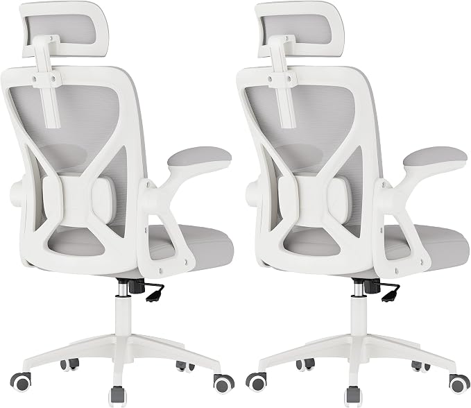 VASAGLE Ergonomic Mesh Office Chairs with Adjustable Lumbar Support and Headrest, 90-105° Tilt Function, Wide Seat, Flip‑Up Armrests, Computer Desk Chairs for Home Office, Set of 2, Dove Gray