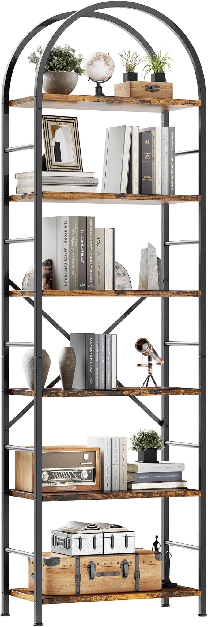 Shintenchi Arched Bookshelf, 6 Tier Bookcase, Tall Storage Shelf, Brown