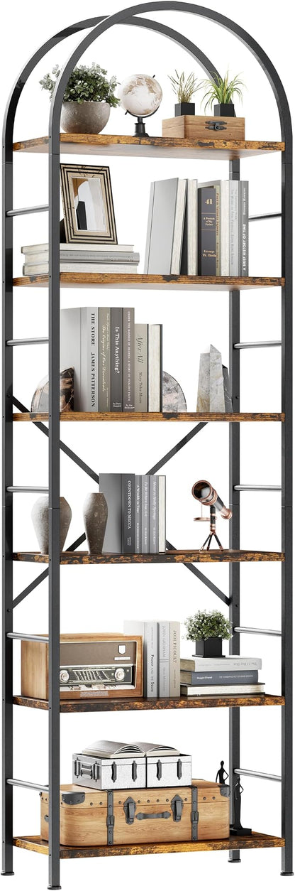 Shintenchi Arched Bookshelf, 6 Tier Bookcase, Tall Storage Shelf, Brown