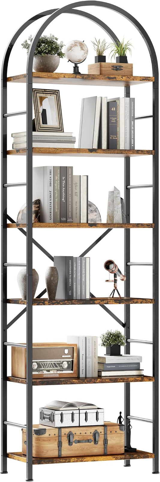 Shintenchi Arched Bookshelf, 6 Tier Bookcase, Tall Storage Shelf, Brown