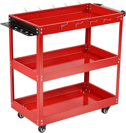 3-Tier Rolling Tool Cart, Heavy Duty Metal Utility Cart with Side Hooks and Handle, 330lbs Capacity Service Organizer for Garage Warehouse Workshop, 28x14x28 Inches, Red