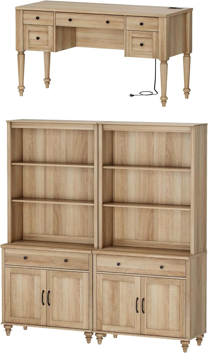 WAMPAT Home Office Furniture Set, 56'' Executive Desk with Charging Station, 72" Tall Bookcase with 4 Doors and 2 Drawers, Wood Computer Desk with File Cabinet Storage, Open Shelf, Oak