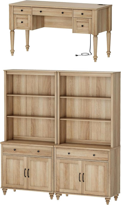 WAMPAT Home Office Furniture Set, 56'' Executive Desk with Charging Station, 72" Tall Bookcase with 4 Doors and 2 Drawers, Wood Computer Desk with File Cabinet Storage, Open Shelf, Oak