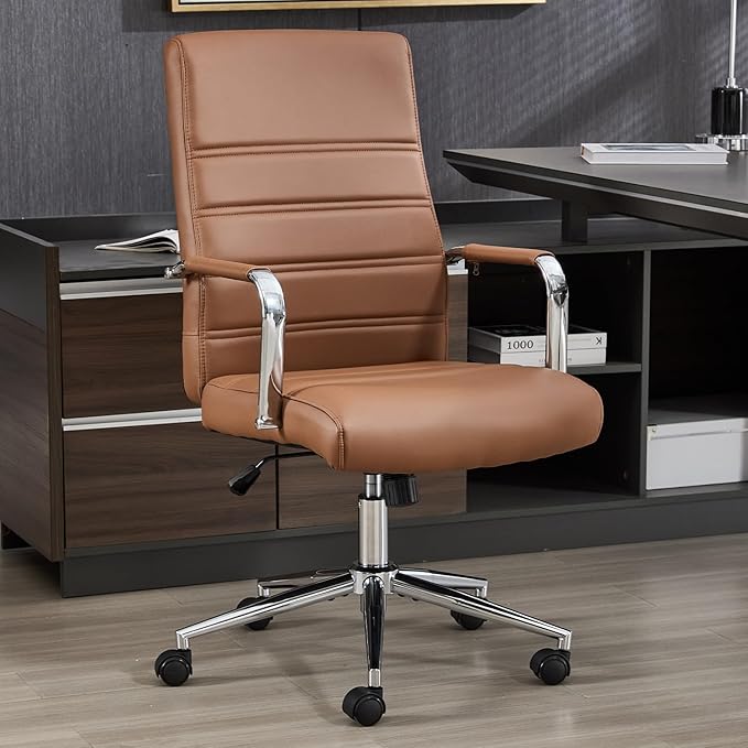 Office Desk Chair Leather, Conference Room Chairs with Wheels, Modern Executive Office Chairs Adjustable Height, Ergonomic Swivel Rolling Ribbed Computer Chair(Brown)