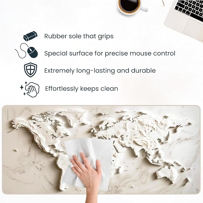 White Marble World Map Desk Pad – Large Mouse Mat for Keyboard and Mouse, Topographic Non-Slip Surface for Desktop
