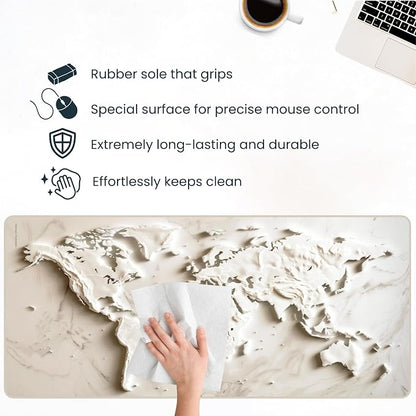 White Marble World Map Desk Pad – Large Mouse Mat for Keyboard and Mouse, Topographic Non-Slip Surface for Desktop
