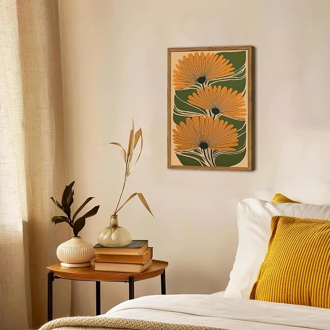 Framed Boho Floral Canvas Wall Art, Vintage Flower Pictures Wall Decor, Abstract Botanical Paintings Prints Maximalist Home Decor for living Room Bedroom Office 16x24 inch
