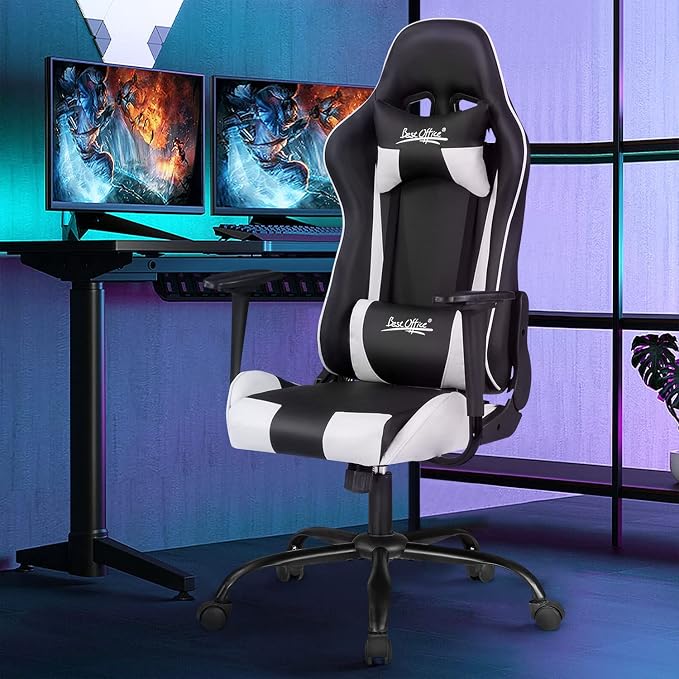 BestOffice Gaming Chair Desk Chair Ergonomic High Computer Chair with Adjustable Lumbar Support, Armrests, and Racing-Inspired Design for Office and Home Use (White)