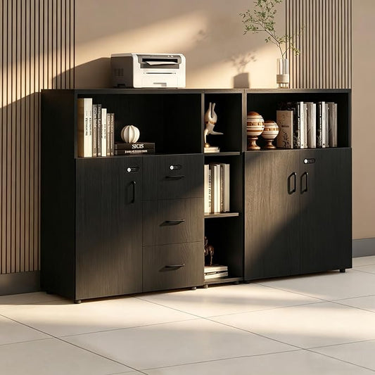 File Cabinet with Password Lock, Wood Lateral Filing Cabinet for Letter/A4 Files, 3 Drawer with Door, Printer Stand with Open Shelves for Home Office