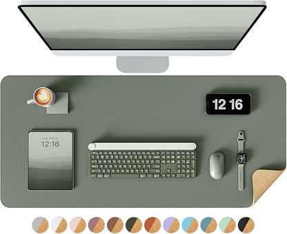 YSAGi Double-Sided Desk Pad, 35.4"x17"Leather Desk Mat, Eco Cork Desk Pad Protector,Large Mouse Pad,Waterproof Desk Blotter for Office/Home(Jungle Green)