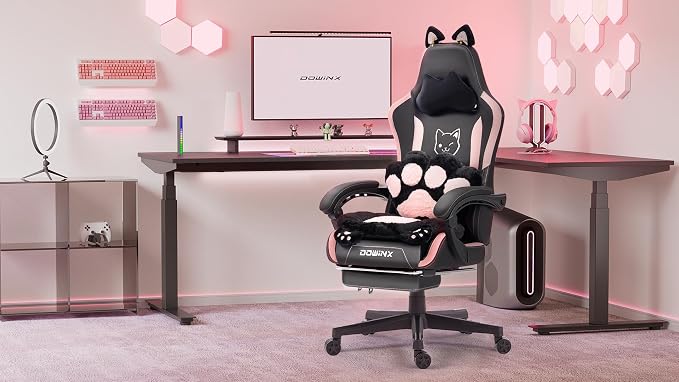 Dowinx Pink Gaming Chair with Cat Ears and Massage Lumbar Support, Ergonomic Computer Chair with Footrest and Headrest, Comfortable Reclining Game Chair 292lbs for Adults, Black