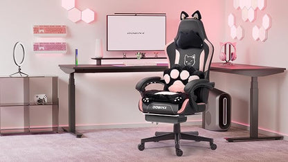 Dowinx Pink Gaming Chair with Cat Ears and Massage Lumbar Support, Ergonomic Computer Chair with Footrest and Headrest, Comfortable Reclining Game Chair 292lbs for Adults, Black