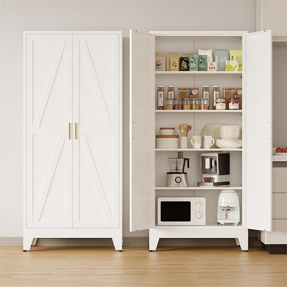 COFaR 71'' Tall Metal Storage Cabinet, Farmhouse Kitchen Pantry Cabinet with Doors and 4 Adjustable Shelves, White Metal Cabinets for Kitchen, Bathroom, Laundry, Garage, 5-Tier